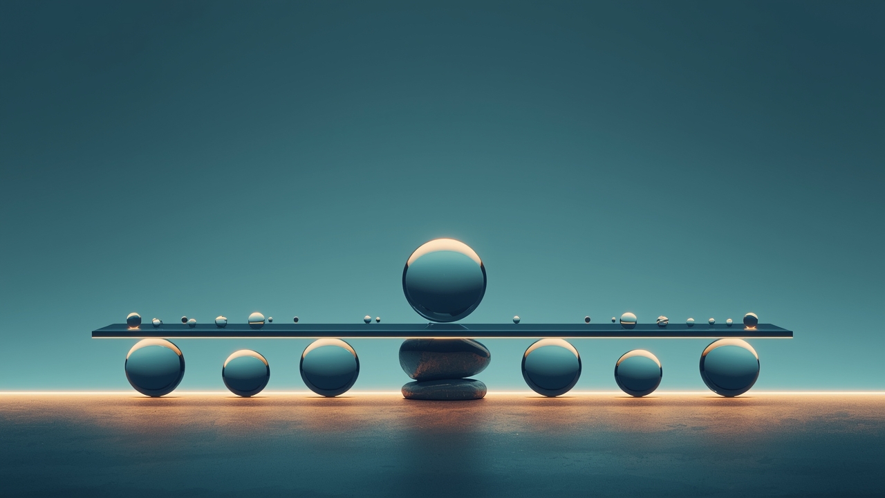 AI-generated illustration for the day's main story (range-bound market): glass orbs and crystals resting on a level glowing horizon line