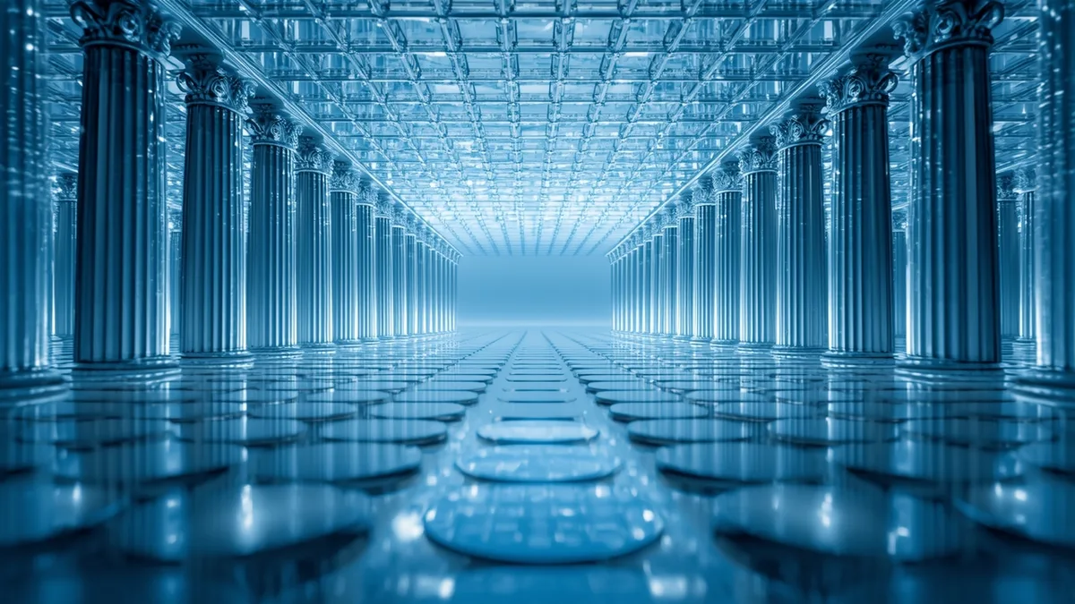 AI-generated illustration for the day's main story (crypto regulation): a glass colonnade merging into a glowing network of linked cubes with a balanced-scales motif
