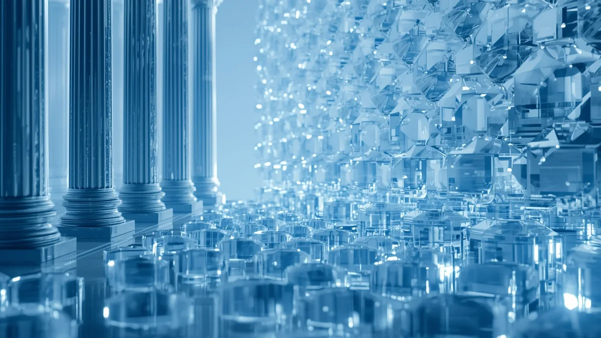 AI-generated illustration for the day's main story (crypto regulation): a glass colonnade merging into a glowing network of linked cubes with a balanced-scales motif